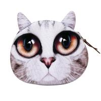 Cute Fashion Women Coin Purse 3D Cat Animal Head Print Tail Mini Wallet Zipper Closure Small Clutch Bag