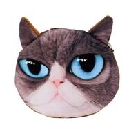 Cute Fashion Women Coin Purse 3D Cat Animal Head Print Tail Mini Wallet Zipper Closure Small Clutch Bag