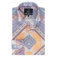 Curtis Blue & Orange Paisley Print Slim Fit Men\'s Shirt - High Collar