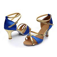 Customizable Women\'s Latin Satin Leatherette Sandals Indoor Customized Heel Blue