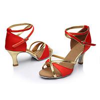 Customizable Women\'s Latin Satin Leatherette Sandals Indoor Customized Heel Red