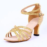 Customizable Women\'s Latin Sparkling Glitter Sandals Heels Indoor Buckle Low Heel Sliver Gold 2\