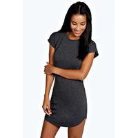 Curved Hem Roll Sleeve TShirt Dress - charcoal