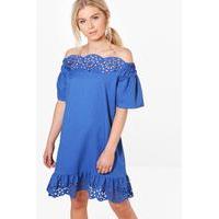 cutwork flute sleeve off shoulder dress cobalt