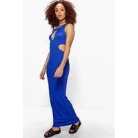 Cut Out Detail Ribbed Maxi Dress - blue