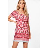 Cut Out Neck Border Print Shift Dress - red