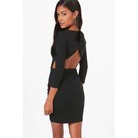 Curved Back Button Bodycon Dress - black