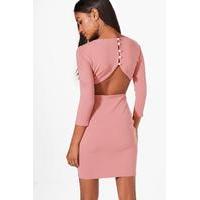 Curved Back Button Bodycon Dress - rose