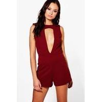 Cut Out Front Open Back Playsuit - wine