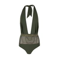 CUBA - Khaki Swimsuit with Mesh and Gold Studs Detail