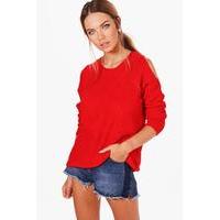 Cut Out Shoulder Moss Stitch Jumper - flame red