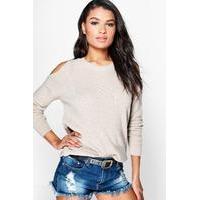 Cut Out Shoulder Moss Stitch Jumper - stone