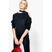 Cut Out Neck And Shoulder Sweatshirt - black