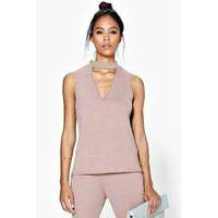 Cut Out Choker Sleeveless Top - mocha