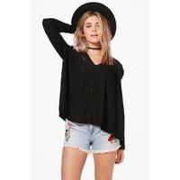 Cut Work Detail Button Through Blouse - black