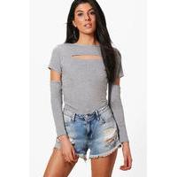 Cut Out Detail Long Sleeve Top - grey marl