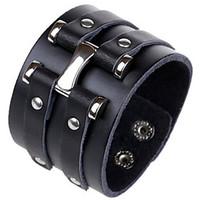 [CyberMondaySale]Miss ROSE Punk 25cm Men\'s Black Leather With Gold Alloy ID Bracelet(1 Pc)
