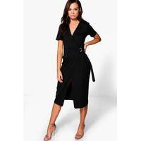 D Ring Tailored Wrap Over Ponte Dress - black