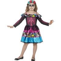 Day Of The Dead Girls Fancy Dress Mexican Skeleton Childs Halloween Kids Costume
