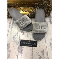 Darlian grey slogan faux fur sliders