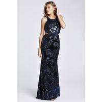 danna blue sequin embellished maxi dress with cut out detail