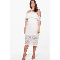 dahlia crochet lace ruffle detail midi dress white