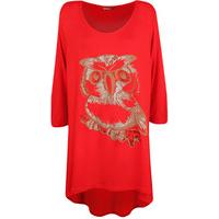 Dalia Owl Glitter Print Dip Hem Top - Red