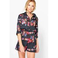 Dark Floral Shirt Style Playsuit - black