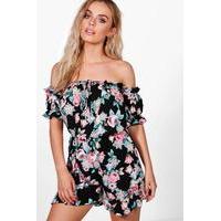 Dark Floral Off Shoulder Playsuit - black