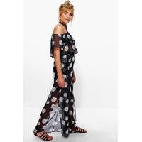 daisy print sheer crop and wide leg trouser co ord set black