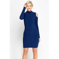 Dark Blue High Neck Cold Shoulder Dress