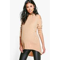 daisy open shoulder ribbed top camel