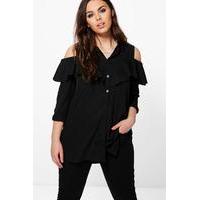 danielle open shoulder ruffle shirt black