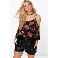 Dark Floral Cold Shoulder Top - black