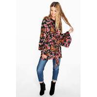 Dark Floral Wrap Front Woven Top - black