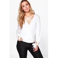 danielle cross front wrap tie sleeve top cream