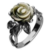 Dark Mother of Pearl Ring Tuberose Rose Leaf Twist Silver