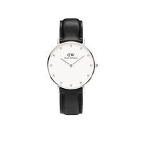 Daniel Wellington Ladies Classy Sheffield Stainless Steel and Black Leather 34mm Watch with Crystal Dial Detail