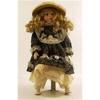 Decorative Porcelain Doll in Paisley Blue Dress & Straw Hat