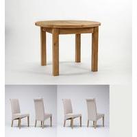 Devon Oak Round Extending Dining Table & 4 Tivoli Oak Fabric Rollback Chairs (4 Beige Chairs)