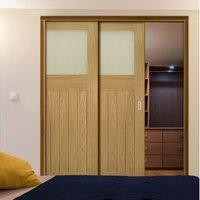 Deanta Twin Telescopic Pocket Cambridge Period Oak Veneer Doors - Frosted Safety Glass - Unfinished