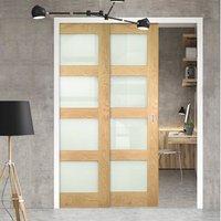 Deanta Twin Telescopic Pocket Coventry Shaker Style Oak Veneer Doors - Frosted Safety Glass - Unfinished