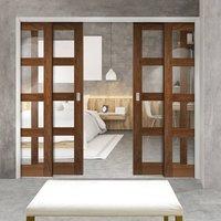 Deanta Quad Telescopic Pocket Coventry Walnut Veneer Shaker Style Doors - Clear Safety Glass - Prefinished