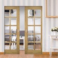 Deanta Bristol Oak Unfinished Syntesis Double Pocket Door with 10 Pane Clear Bevelled Glass