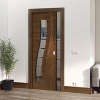 Deanta Single Pocket Contemporary Design Cadiz Walnut Prefinished Door with Clear safety Glass