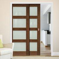 Deanta Twin Telescopic Pocket Coventry Walnut Veneer Shaker Style Doors - Frosted Glass - Prefinished