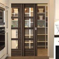Deanta Twin Telescopic Pocket Calgary Flush Doors - Clear Safety Glass, Abachi Wood - Prefinished