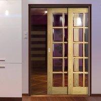 Deanta Twin Telescopic Pocket Bristol Oak Veneer Doors - 10 Pane Clear Bevelled Safety Glass - Unfinished