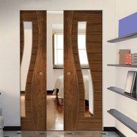 Deanta Contemporary Design Cadiz Walnut Prefinished Syntesis Double Pocket Door with Clear Glass
