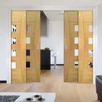 deanta quad telescopic pocket pamplona oak flush doors clear glass pre ...